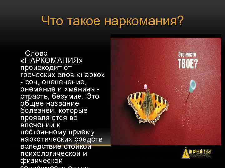 Что такое наркомания? Слово «НАРКОМАНИЯ» происходит от греческих слов «нарко» - сон, оцепенение, онемение