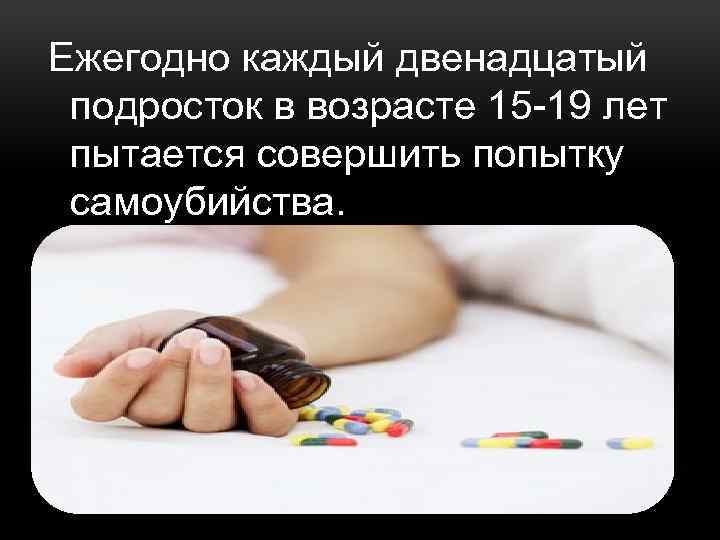  Ежегодно каждый двенадцатый подросток в возрасте 15 -19 лет пытается совершить попытку самоубийства.