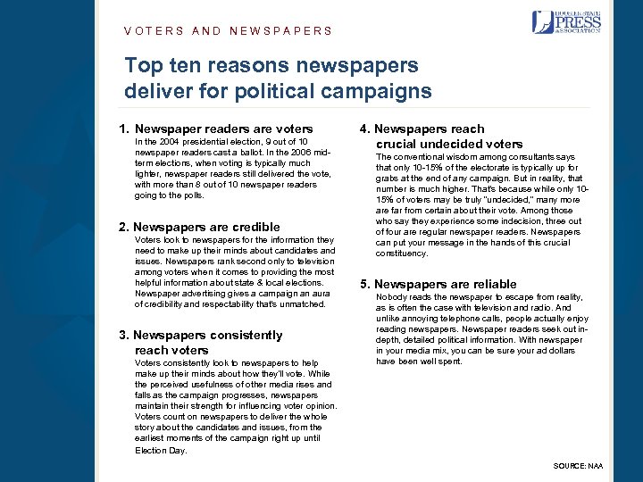 VOTERS AND NEWSPAPERS Top ten reasons newspapers deliver for political campaigns 1. Newspaper readers