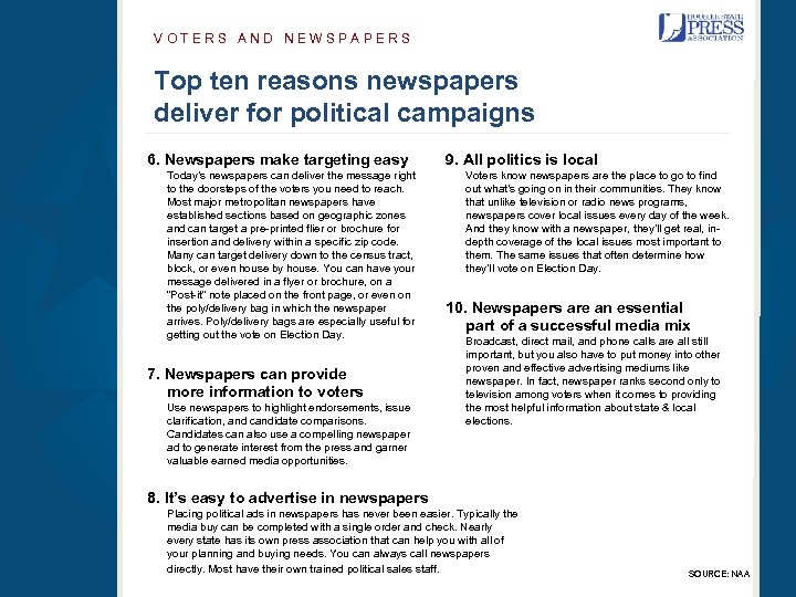 VOTERS AND NEWSPAPERS Top ten reasons newspapers deliver for political campaigns 6. Newspapers make