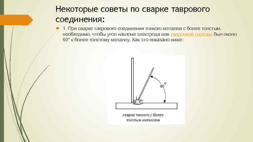 Некоторые советы по сварке таврового соединения: 1. При сварке таврового соединения тонкого металла с