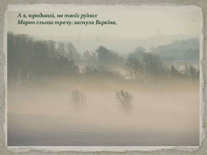 А я, юродивий, на твоїх руїнах Марно сльози трачу; заснула Вкраїна, 