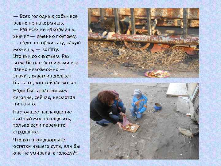 — Всех голодных собак все равно не накормишь. — Раз всех не накормишь, значит