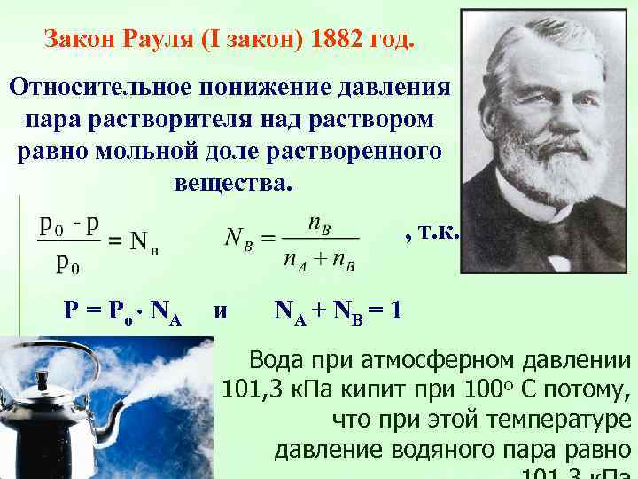 Закон Рауля (I закон) 1882 год. Относительное понижение давления пара растворителя над раствором равно