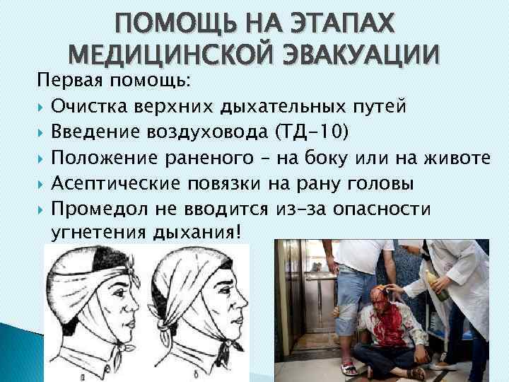 ПОМОЩЬ НА ЭТАПАХ МЕДИЦИНСКОЙ ЭВАКУАЦИИ Первая помощь: Очистка верхних дыхательных путей Введение воздуховода (ТД-10)
