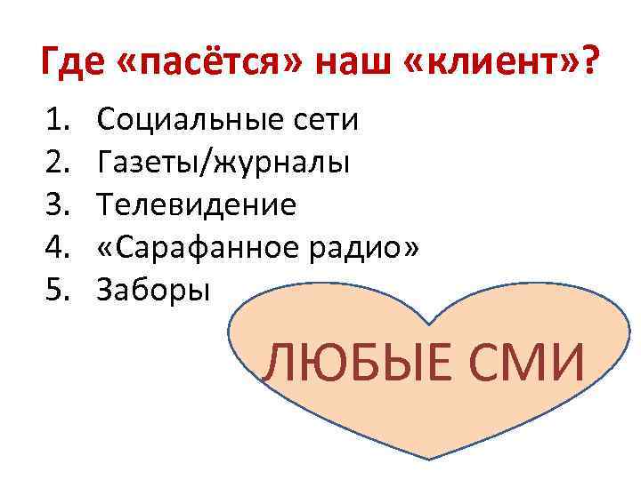 Где «пасётся» наш «клиент» ? 1. 2. 3. 4. 5. Социальные сети Газеты/журналы Телевидение