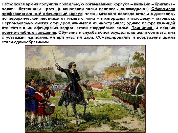 Петровская армия получила правильную организацию: корпуса – дивизии – бригады – полки – батальоны