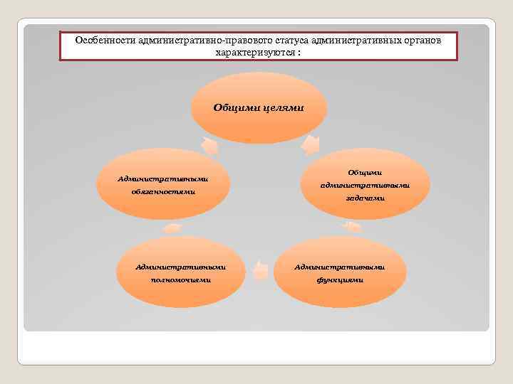 Особенности административно правового статуса административных органов характеризуются : Общими целями Административными обязанностями Общими административными