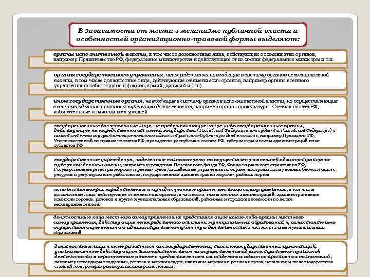 В зависимости от места в механизме публичной власти и особенностей организационно правовой формы выделяют: