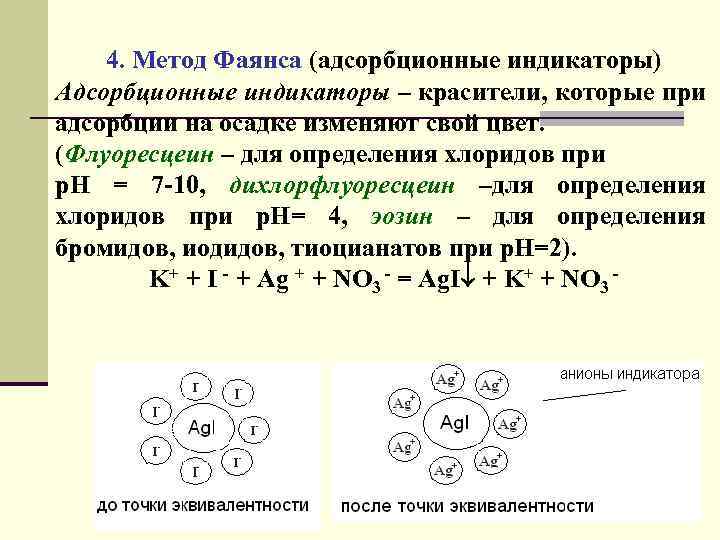 4. Метод Фаянса (адсорбционные индикаторы) Адсорбционные индикаторы – красители, которые при адсорбции на осадке