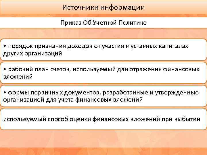 Источники информации Приказ Об Учетной Политике • порядок признания доходов от участия в уставных