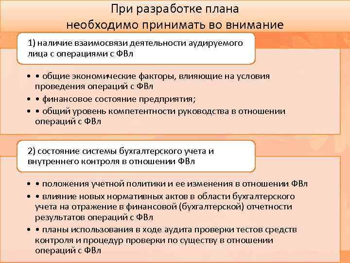 При разработке плана необходимо принимать во внимание 1) наличие взаимосвязи деятельности аудируемого лица с