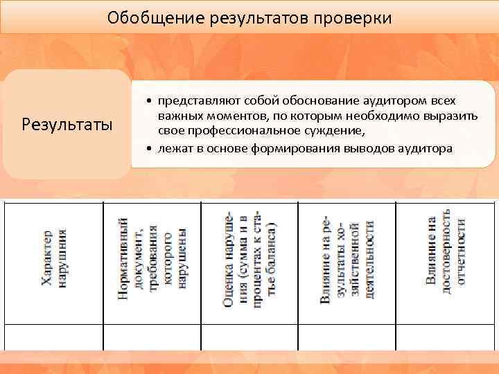 Обобщение результатов проверки Результаты • представляют собой обоснование аудитором всех важных моментов, по которым