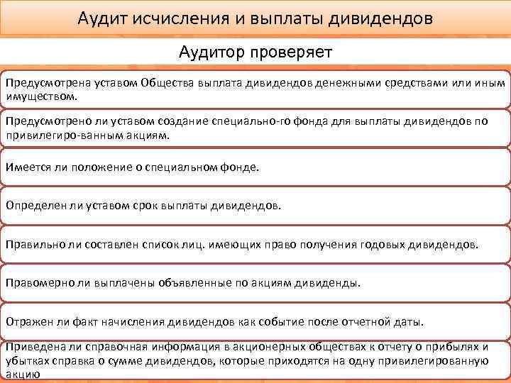 Аудит исчисления и выплаты дивидендов Аудитор проверяет Предусмотрена уставом Общества выплата дивидендов денежными средствами