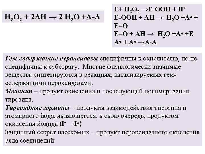 H 2 O 2 + 2 AH → 2 H 2 O +A-A E+