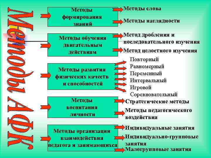 Методы формирования знаний Методы обучения двигательным действиям Методы развития физических качеств и способностей Методы