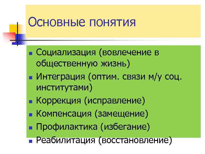 Основные понятия n n n Социализация (вовлечение в общественную жизнь) Интеграция (оптим. связи м/у