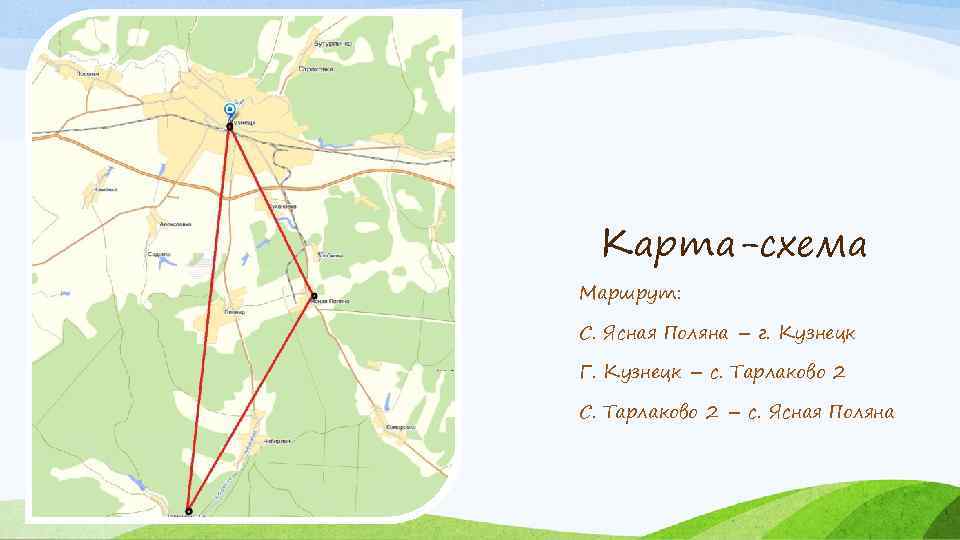 Карта-схема Маршрут: С. Ясная Поляна – г. Кузнецк Г. Кузнецк – с. Тарлаково 2