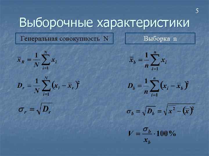 Выборочные характеристики Генеральная совокупность N Выборка n 5 