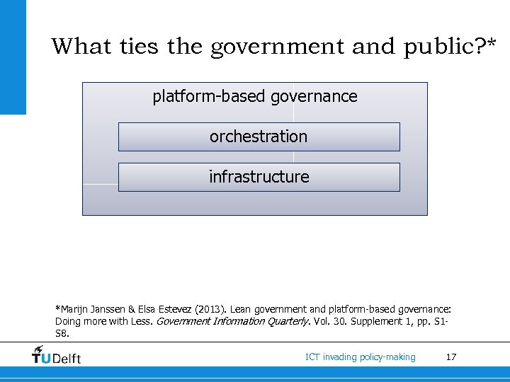 What ties the government and public? * platform-based governance orchestration infrastructure *Marijn Janssen &