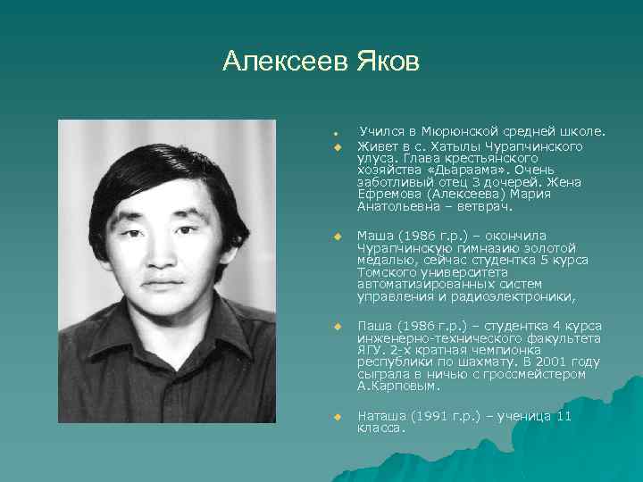 Алексеев Яков u u Учился в Мюрюнской средней школе. Живет в с. Хатылы Чурапчинского