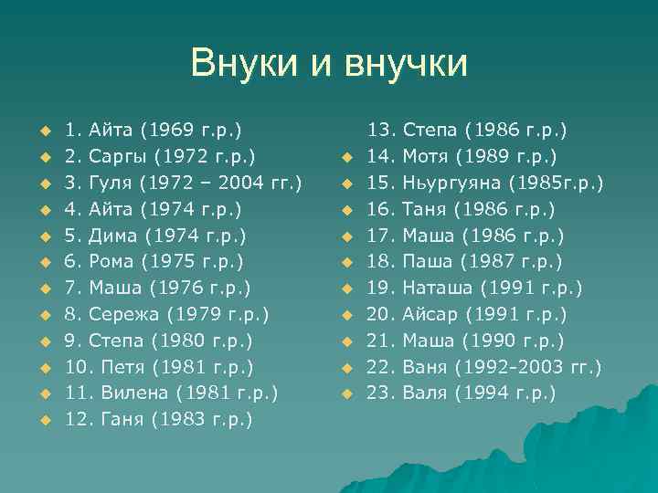 Внуки и внучки u u u 1. Айта (1969 г. р. ) 2. Саргы