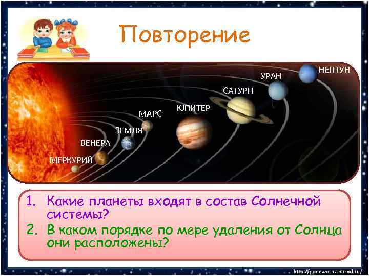 Повторение УРАН НЕПТУН САТУРН МАРС ЮПИТЕР ЗЕМЛЯ ВЕНЕРА МЕРКУРИЙ 1. Какие планеты входят в