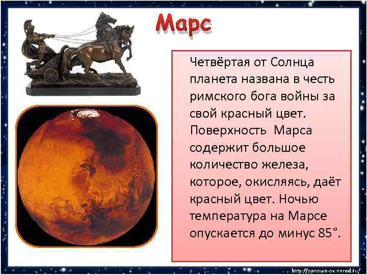 Марс Четвёртая от Солнца планета названа в честь римского бога войны за свой красный