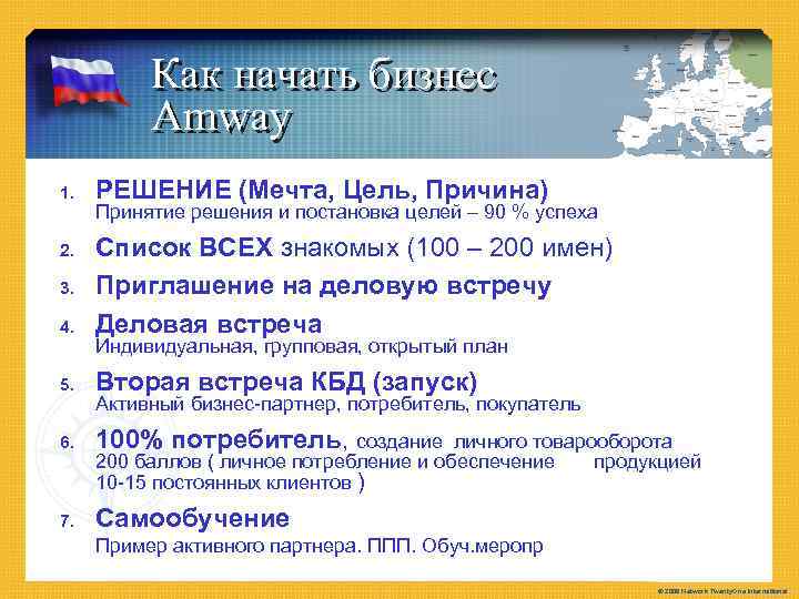 Как начать бизнес The Concept & The Company Amway 1. РЕШЕНИЕ (Мечта, Цель, Причина)