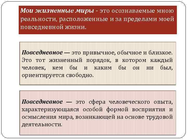 Мои жизненные миры - это осознаваемые мною реальности, расположенные и за пределами моей повседневной