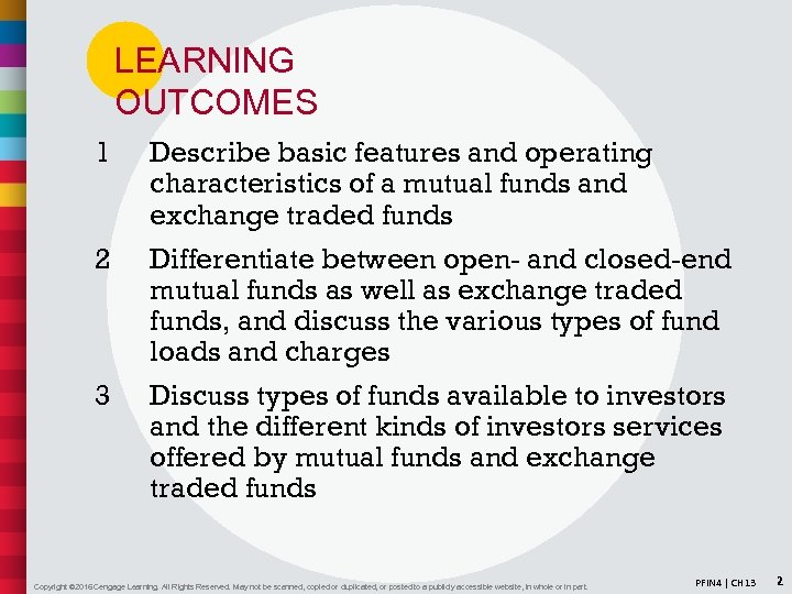 LEARNING OUTCOMES 1 Describe basic features and operating characteristics of a mutual funds and