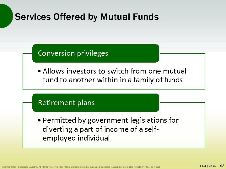 Services Offered by Mutual Funds Conversion privileges • Allows investors to switch from one