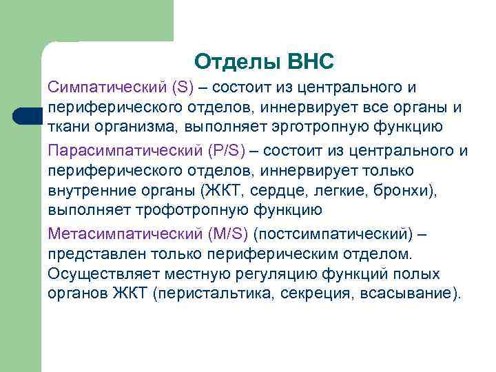 Отделы ВНС Симпатический (S) – состоит из центрального и периферического отделов, иннервирует все органы