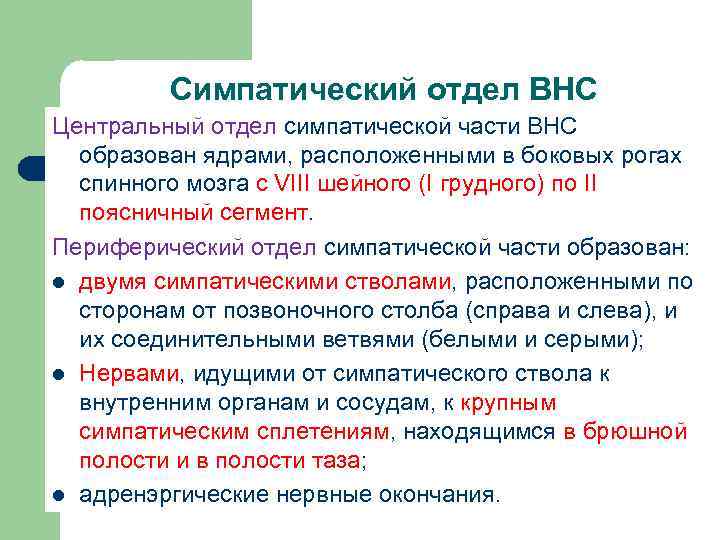 Симпатический отдел ВНС Центральный отдел симпатической части ВНС образован ядрами, расположенными в боковых рогах