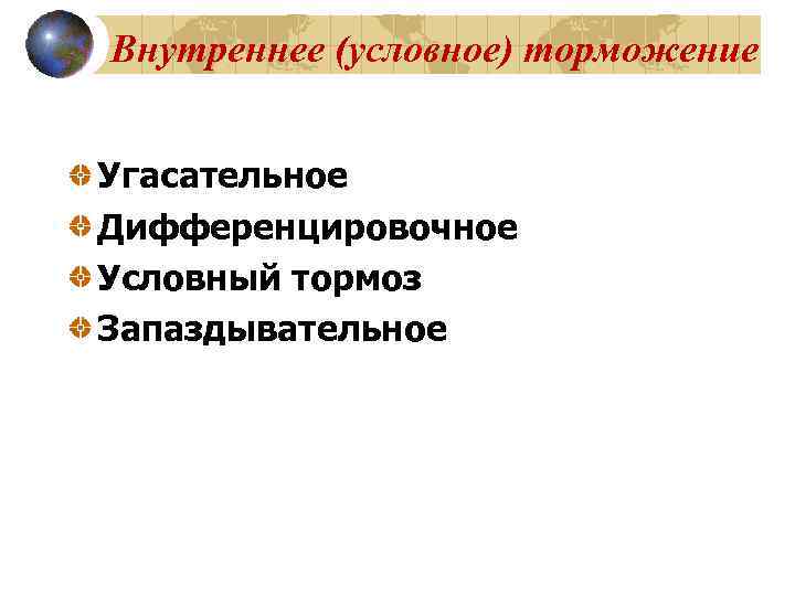 Внутреннее (условное) торможение Угасательное Дифференцировочное Условный тормоз Запаздывательное 