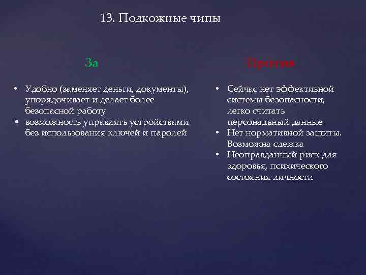 13. Подкожные чипы За • Удобно (заменяет деньги, документы), упорядочивает и делает более безопасной