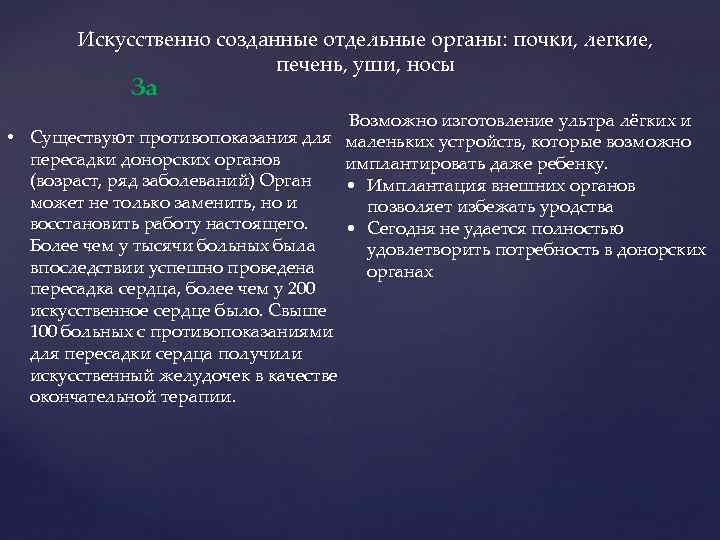 Искусственно созданные отдельные органы: почки, легкие, печень, уши, носы За Возможно изготовление ультра лёгких