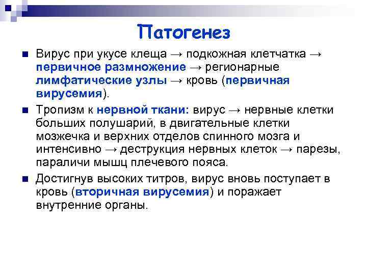 Патогенез n n n Вирус при укусе клеща → подкожная клетчатка → первичное размножение