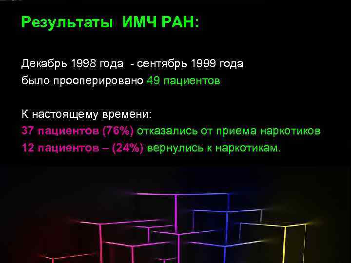 Результаты ИМЧ РАН: Декабрь 1998 года - сентябрь 1999 года было прооперировано 49 пациентов