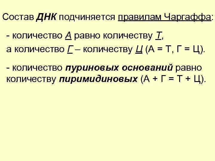 Состав ДНК подчиняется правилам Чаргаффа: - количество А равно количеству Т, а количество Г