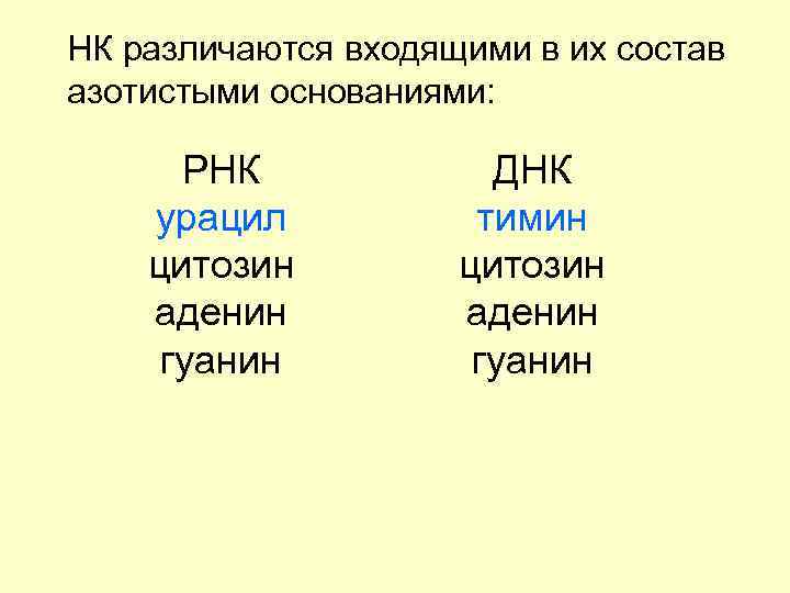 НК различаются входящими в их состав азотистыми основаниями: РНК урацил цитозин аденин гуанин ДНК