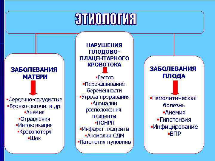 ЗАБОЛЕВАНИЯ МАТЕРИ §Сердечно-сосудистые §Бронхо-легочн. и др. §Анемия §Отравления §Интоксикация §Кровопотеря §Шок НАРУШЕНИЯ ПЛОДОВОПЛАЦЕНТАРНОГО КРОВОТОКА