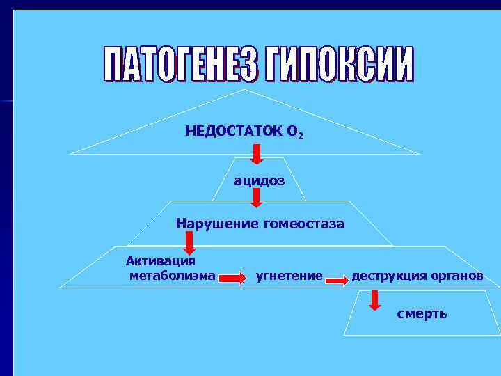 НЕДОСТАТОК О 2 ацидоз Нарушение гомеостаза Активация метаболизма угнетение деструкция органов смерть 