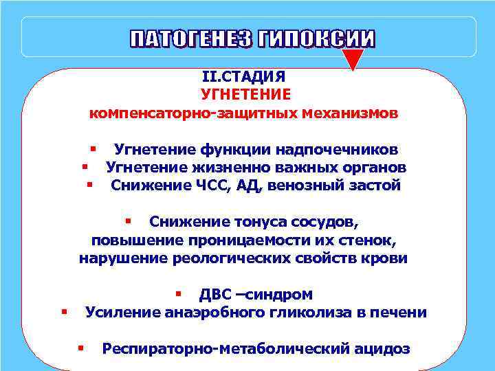 II. СТАДИЯ УГНЕТЕНИЕ компенсаторно-защитных механизмов Угнетение функции надпочечников § Угнетение жизненно важных органов §