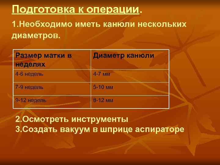 Подготовка к операции. 1. Необходимо иметь канюли нескольких диаметров. Размер матки в неделях Диаметр