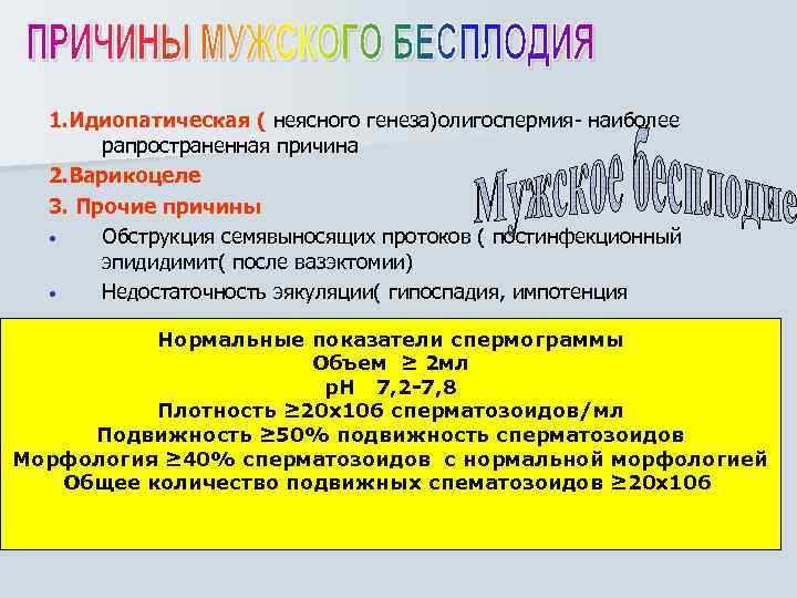 1. Идиопатическая ( неясного генеза)олигоспермия наиболее рапространенная причина 2. Варикоцеле 3. Прочие причины •