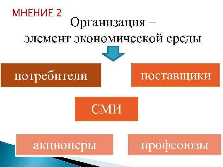 МНЕНИЕ 2 Организация – элемент экономической среды поставщики потребители СМИ акционеры профсоюзы 