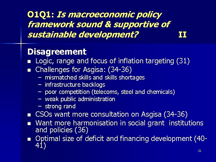 O 1 Q 1: Is macroeconomic policy framework sound & supportive of sustainable development?