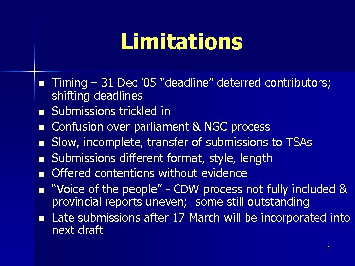 Limitations n n n n Timing – 31 Dec ’ 05 “deadline” deterred contributors;