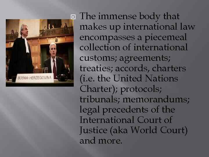  The immense body that makes up international law encompasses a piecemeal collection of